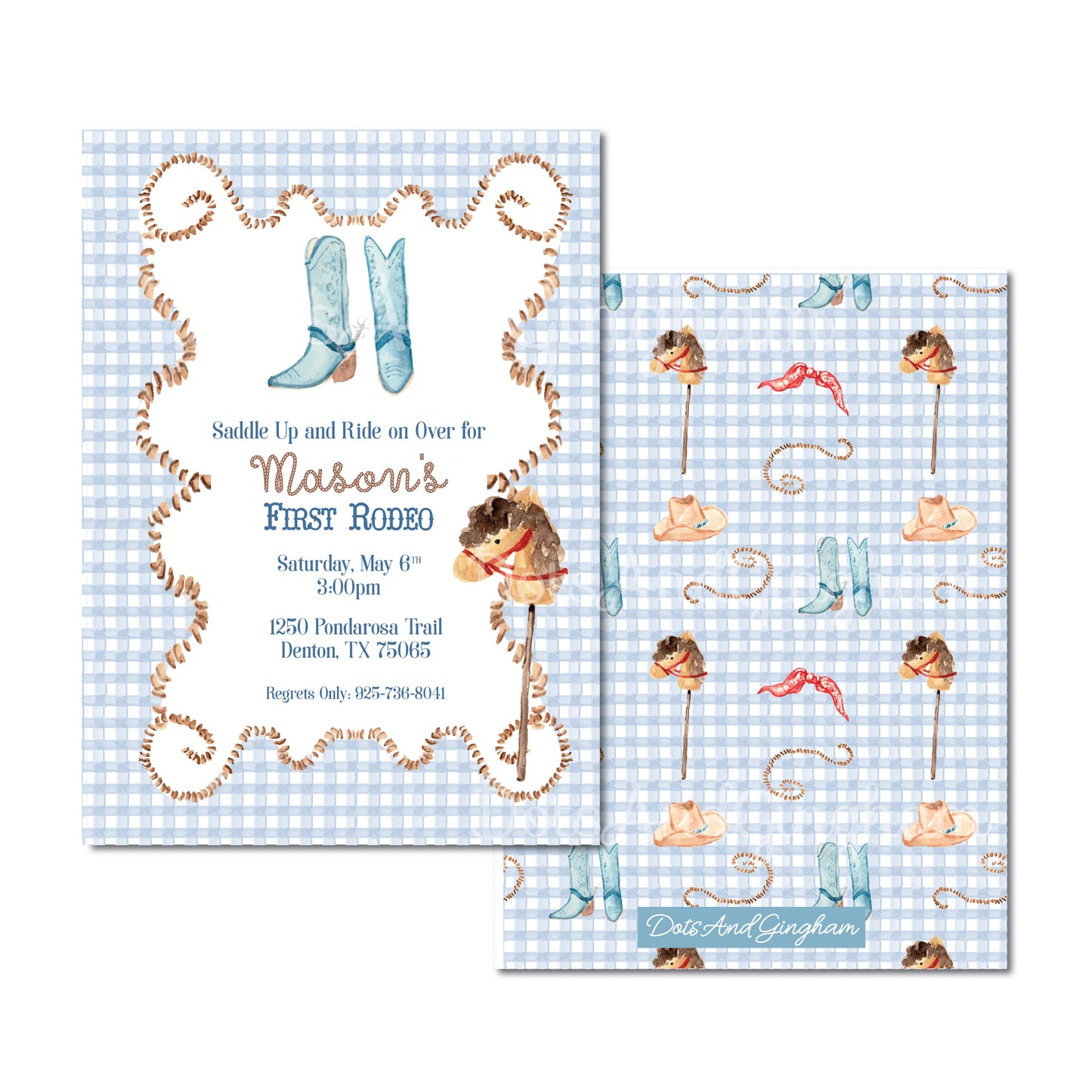 Watercolor Cowboy Invitation, Watercolor First Rodeo Invite, Cowboy Boots, Stick Horse, Blue Gingham, Rope, Buckaroo Invite, Cowboy Invite, First Rodeo Party, First Rodeo Birthday