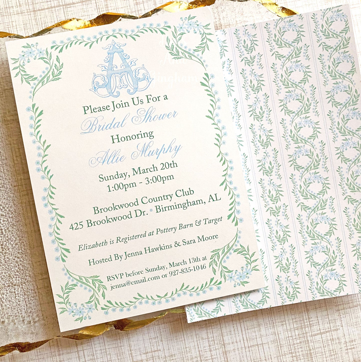 Watercolor Floral Vine Bridal Shower Luncheon Invitation