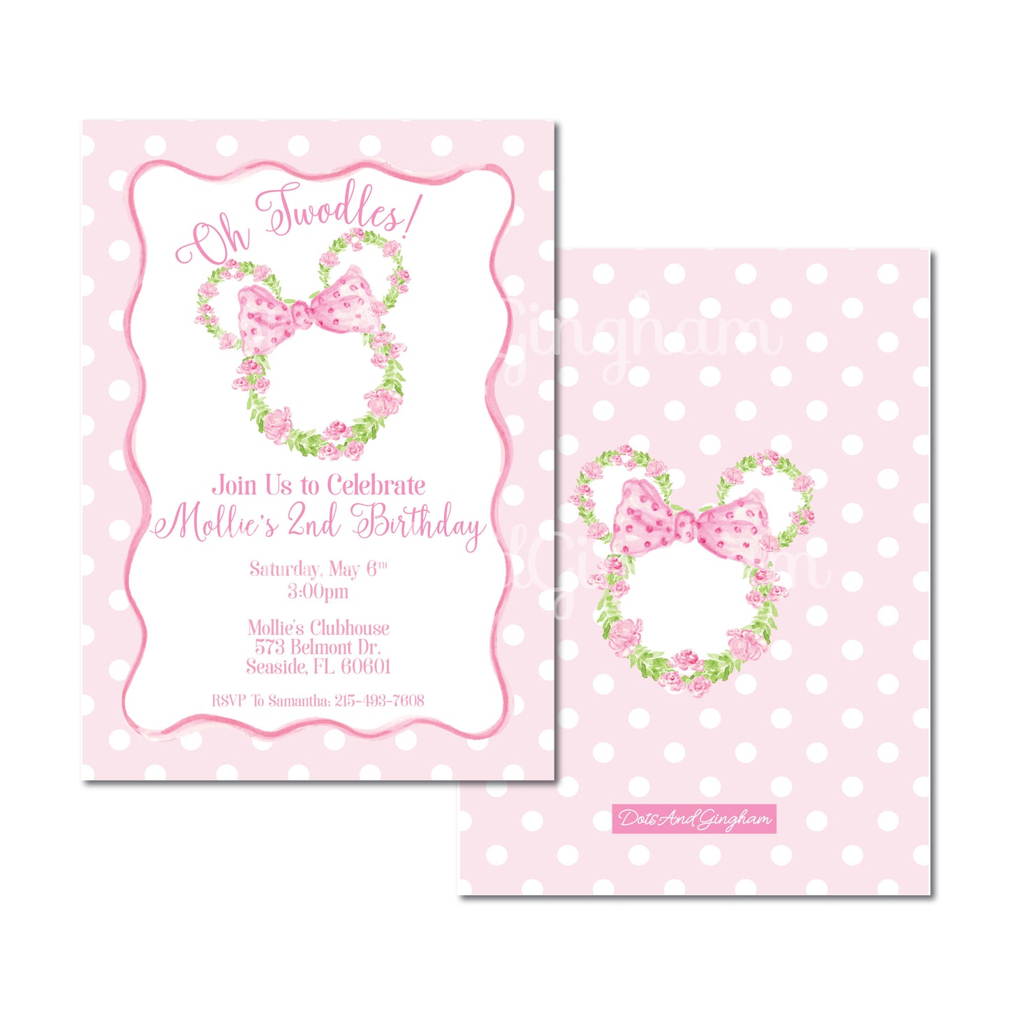 Minnie Mouse Invitation, Watercolor Floral Mouse, Watercolor Bow, Mouse Ears, Pink Polka Dot, Wave