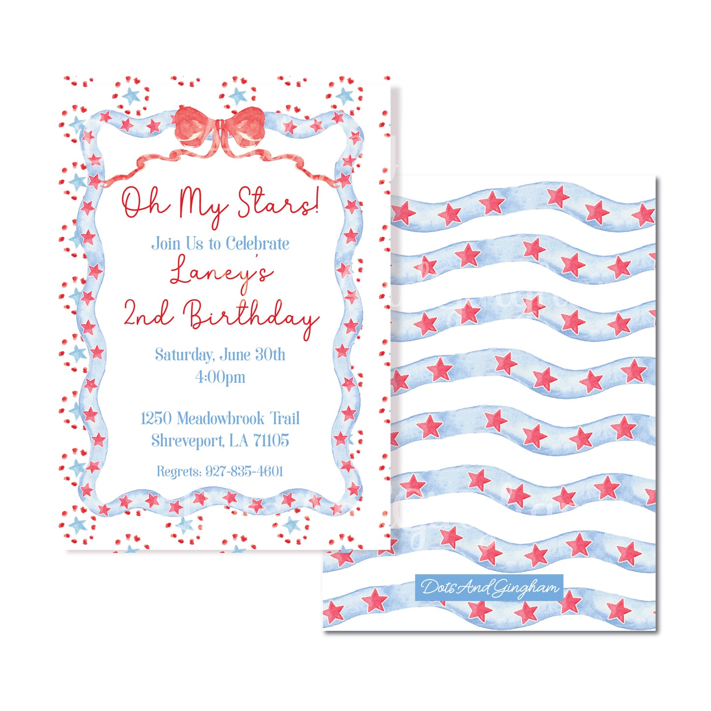 Red White Two Invitation, Oh My Stars Invite, Flag and Bow Invite, Floral Invite, Grandmillenial, Watercolor, Wavy Edge, Red White and Blue, Patriotic Invite