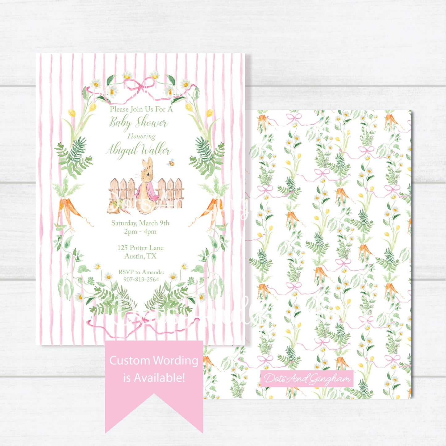 Watercolor Mopsy Peter Rabbit Baby Shower Invitation, Bunny Birthday Party - DotsAndGingham