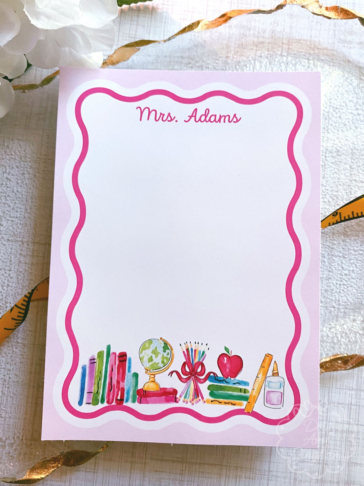 Teacher Notepad, Watercolor School Supplies, Watercolor Teacher, Teacher Gift, Wavy Edge, Scallop, Globe, Pencils Teacher