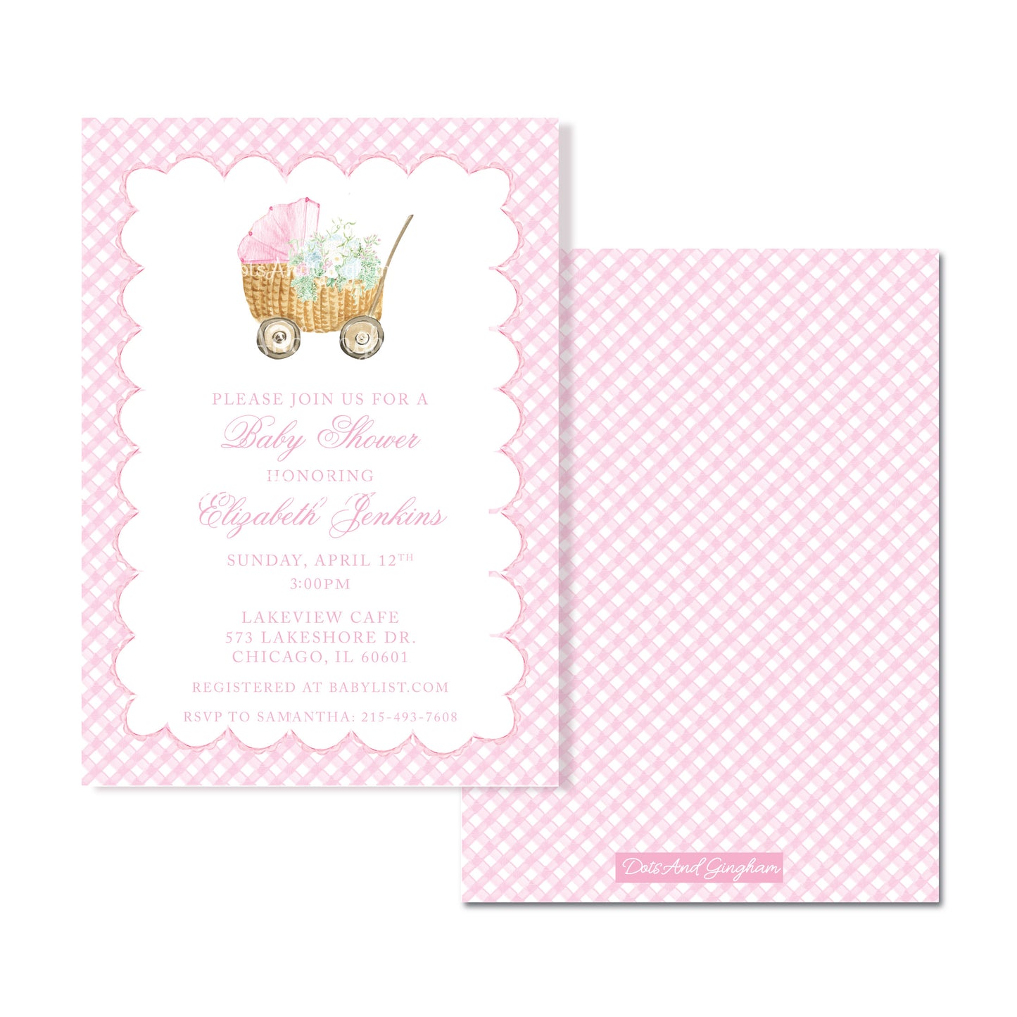 Watercolor Wicker Baby Carriage Floral Invitation