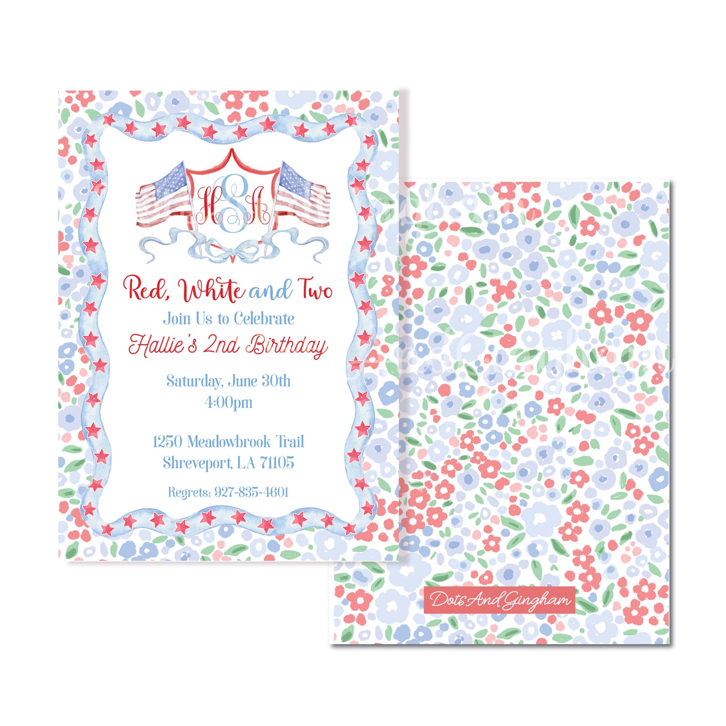Red White Two Invitation, Watercolor Flag and Bow Invite, Floral Invite, Grandmillenial, Watercolor, Wavy Edge, Red White and Blue, Patriotic Invite