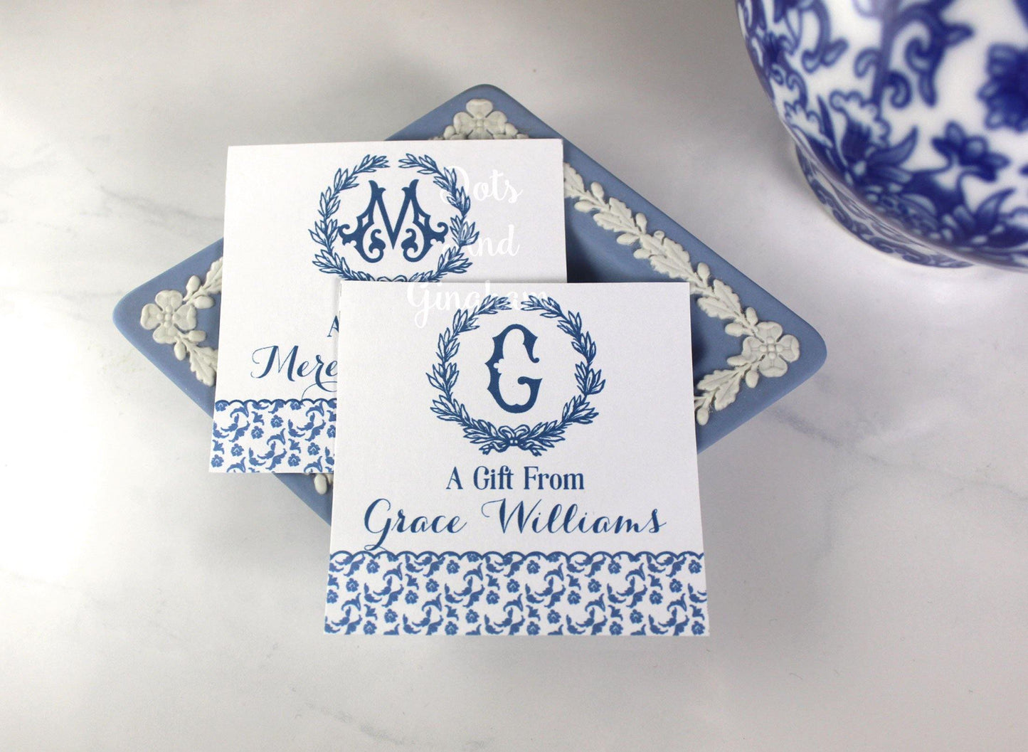 Chinoiserie Scallop Monogram Wreath Gift Tags or Stickers - DotsAndGingham