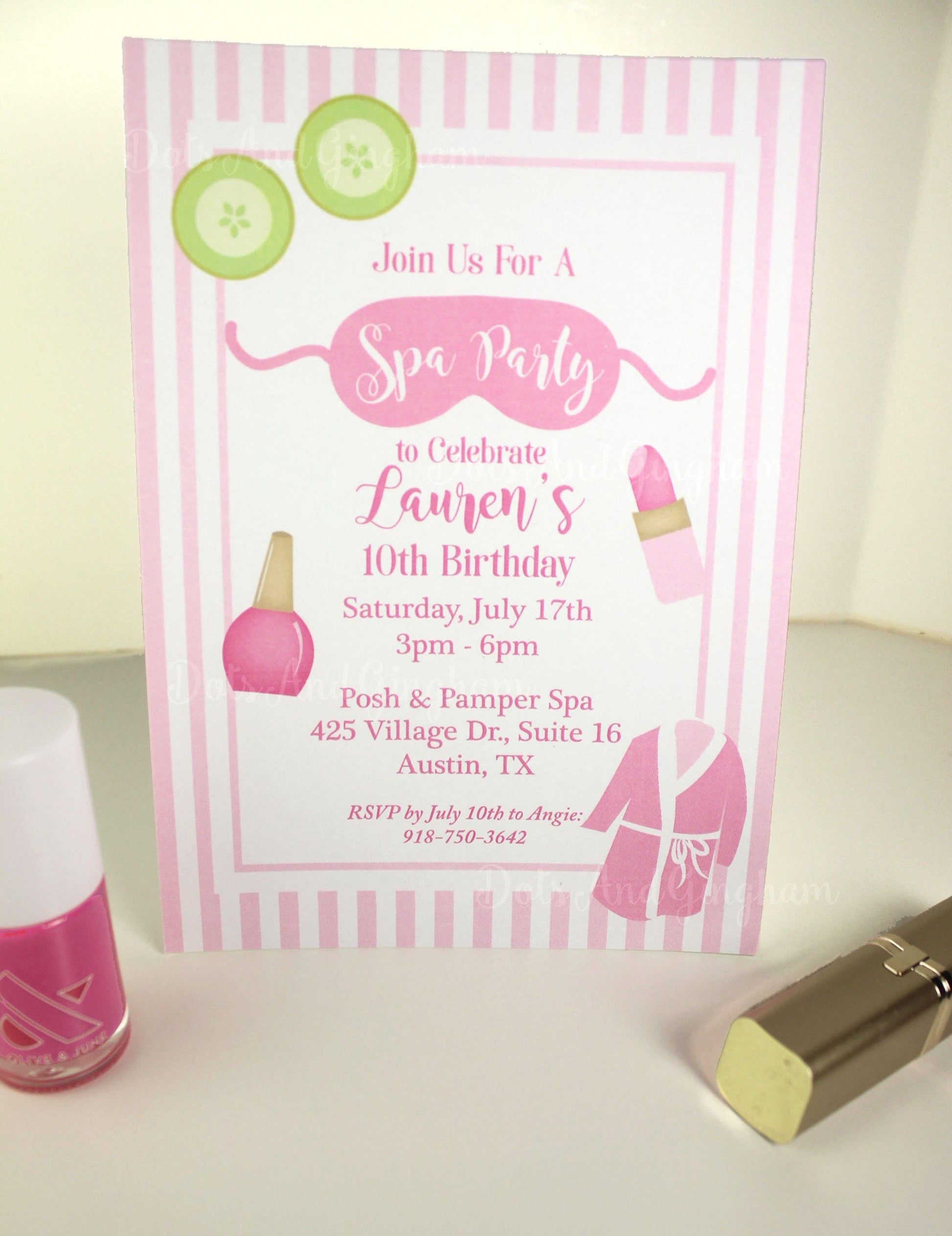 Spa Birthday Party Invitation, Spa Party - DotsAndGingham