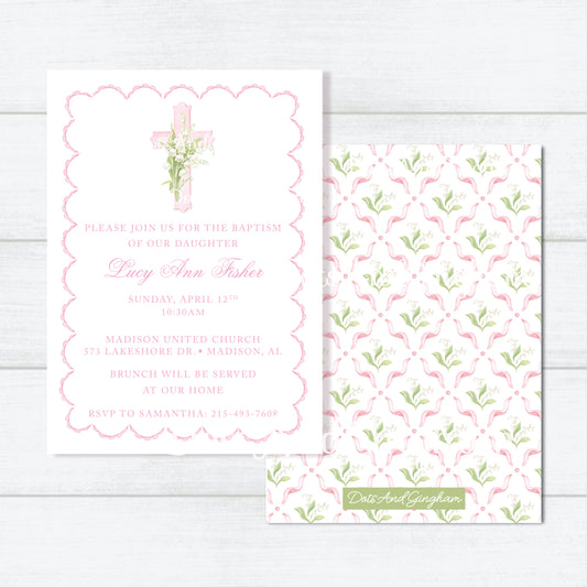 Pink Cross Baptism, Christening Invitation