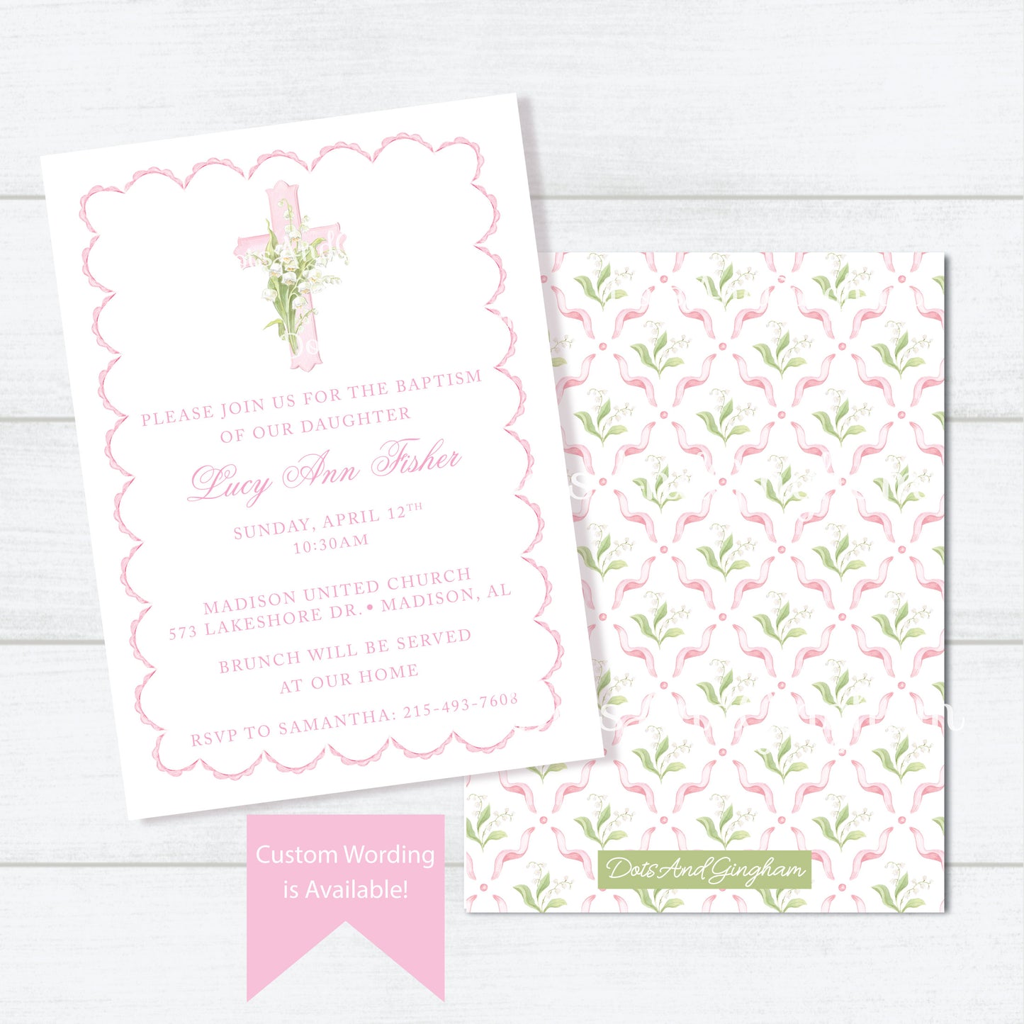 Pink Cross Baptism, Christening Invitation