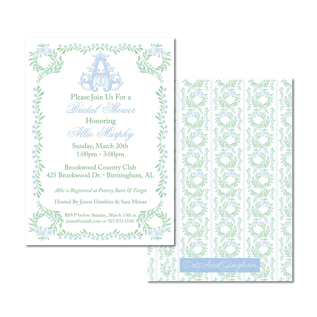 Watercolor Floral Vine Bridal Shower Invitation, Bridal Luncheon Invitation, Bridesmaid Luncheon, Grandmillenial Invitation, Monogram