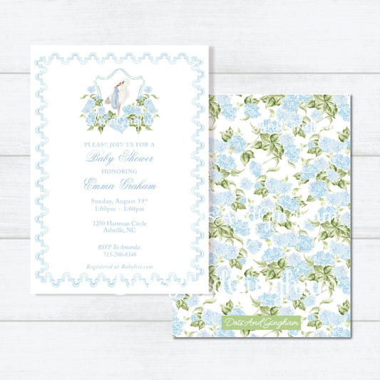 Stork and Hydrangea Crest Baby Shower Invitation