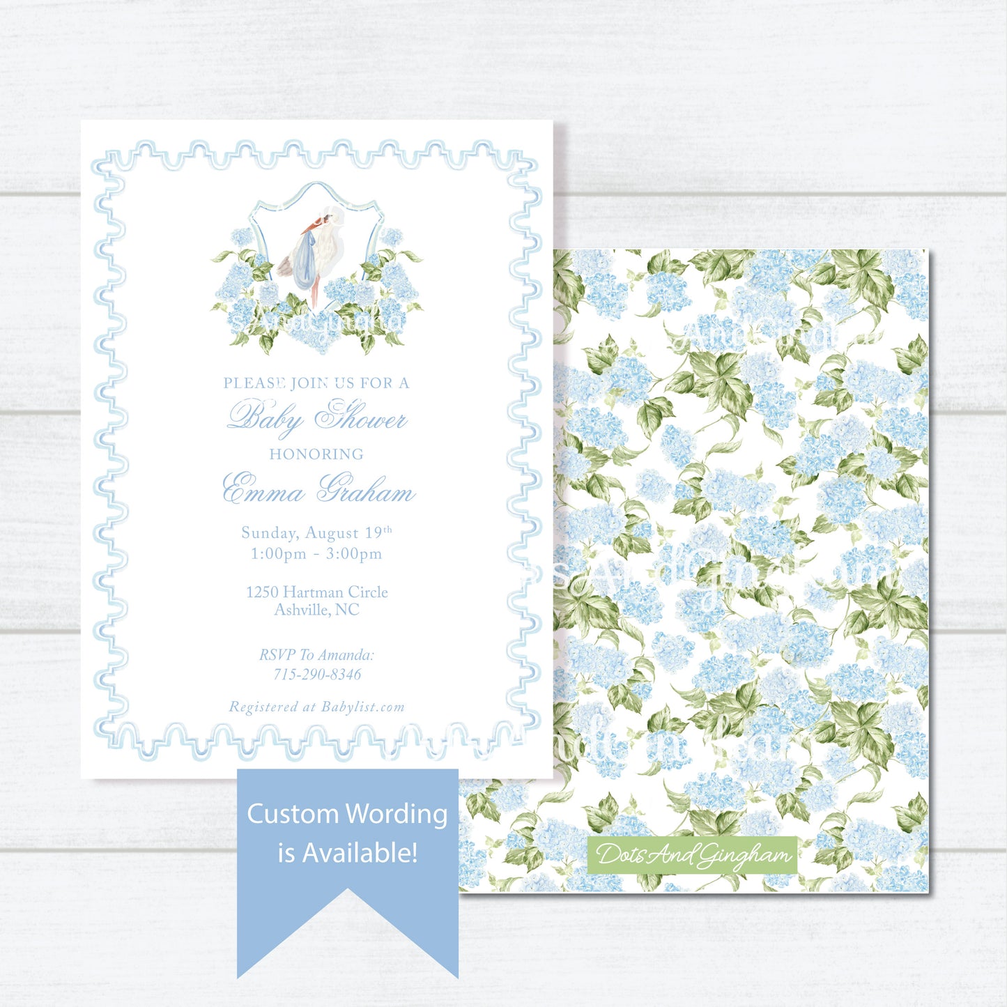 Stork and Hydrangea Crest Baby Shower Invitation