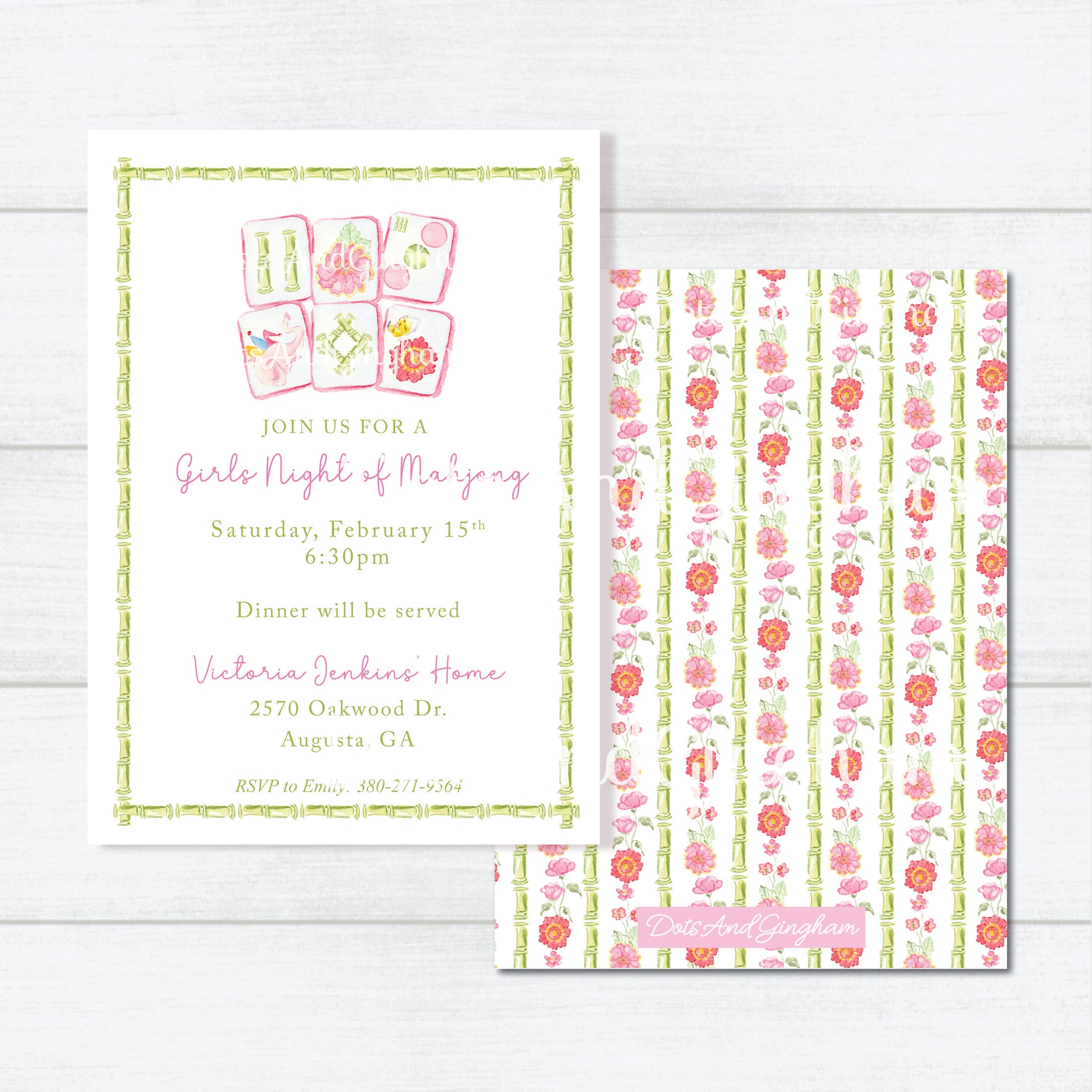 Mahjong Invitation, Watercolor Mahjong Invitation, Bamboo Mahjong