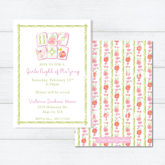 Mahjong Invitation, Watercolor Mahjong Invitation, Bamboo Mahjong