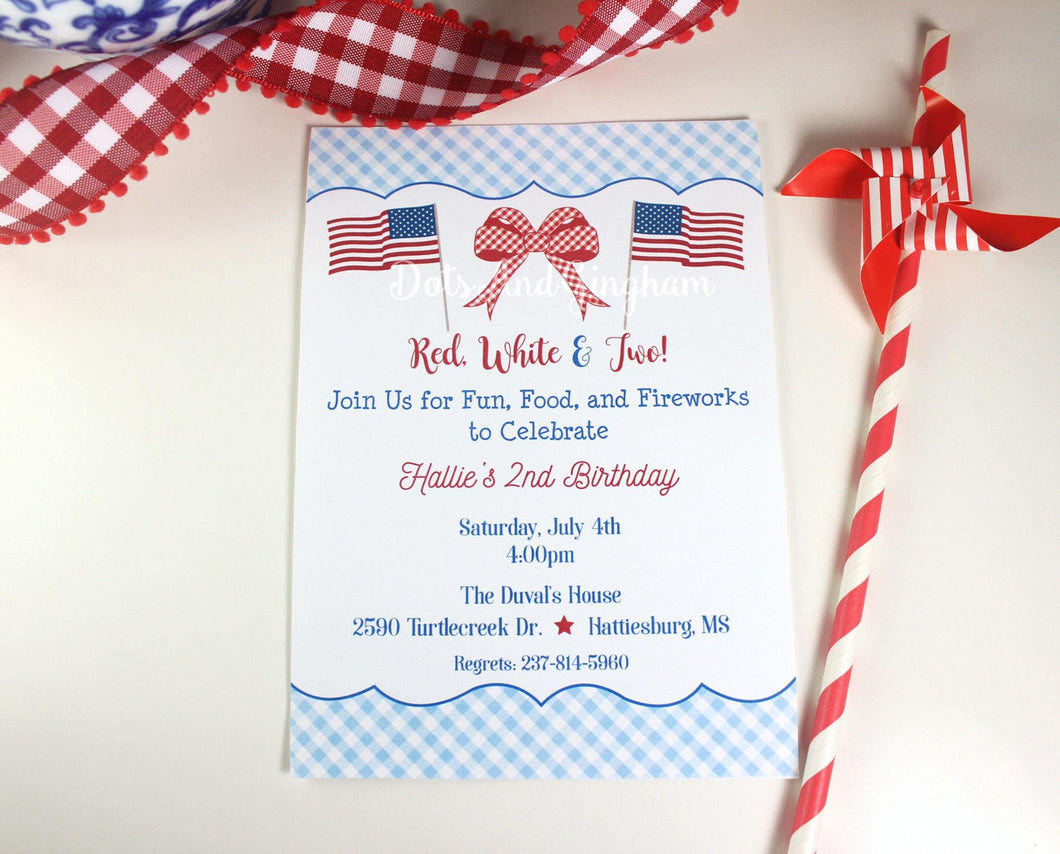 Red, White and Two Invitation, Red White and Blue Invitation, Flag and Bow Invitation - DotsAndGingham