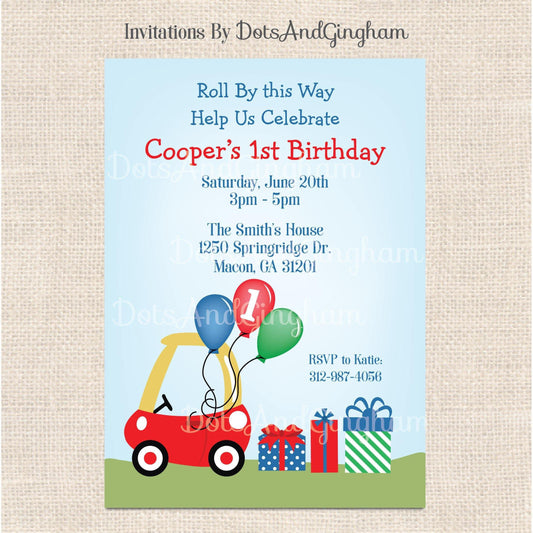 Cozy Coupe Birthday Invitation - DotsAndGingham