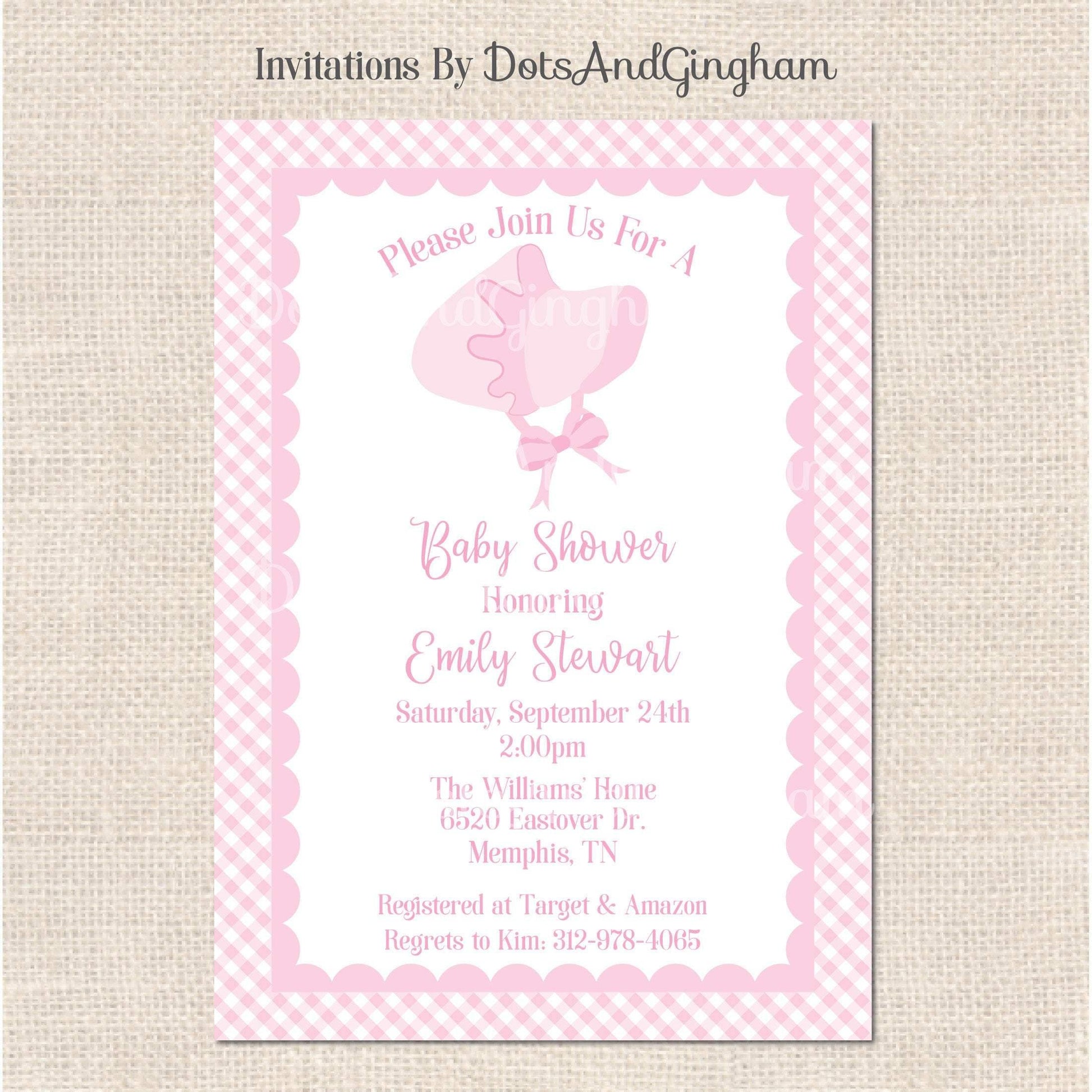 Baby Bonnet Invitation, Bonnet Baby Shower Invitation - DotsAndGingham