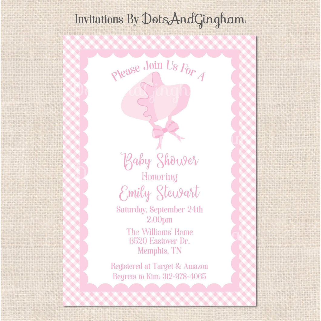 Baby Bonnet Invitation, Bonnet Baby Shower Invitation - DotsAndGingham