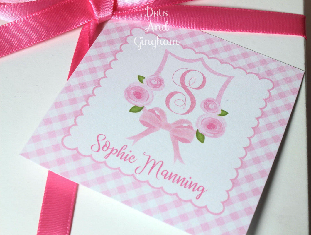 Floral Bow Initial Crest Gift Tags or Stickers - DotsAndGingham